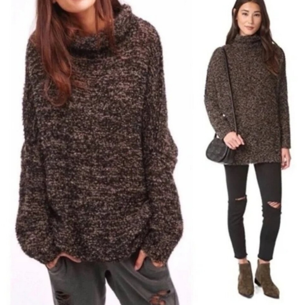Free People She's All That Brown Back Alpaca Knit Oversized Turtleneck Sweater